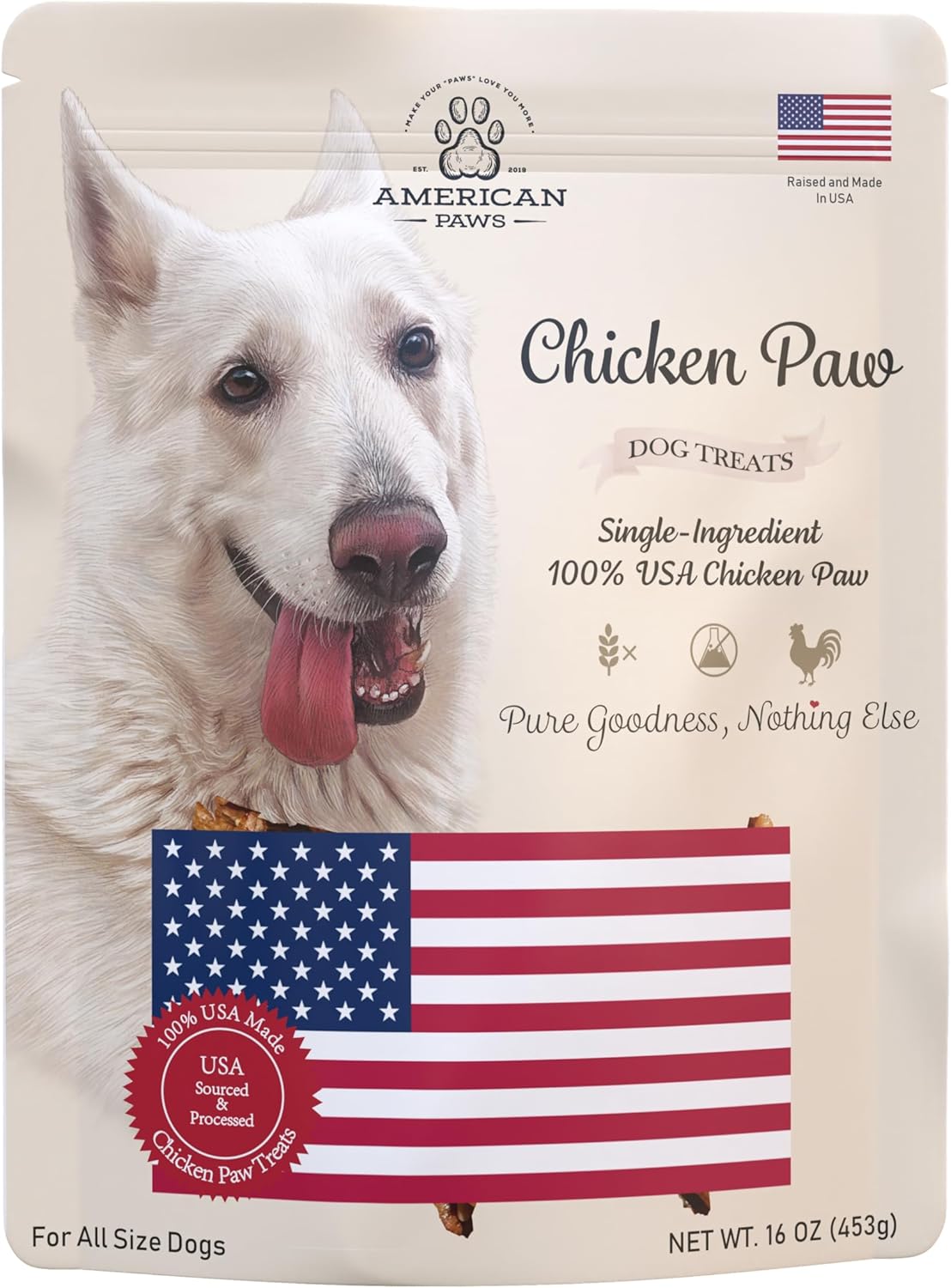 American Paws Dehydrated Chicken Feet Dog Treats, Only One Ingredient, No Additives, Made and Sourced in USA (1LB)