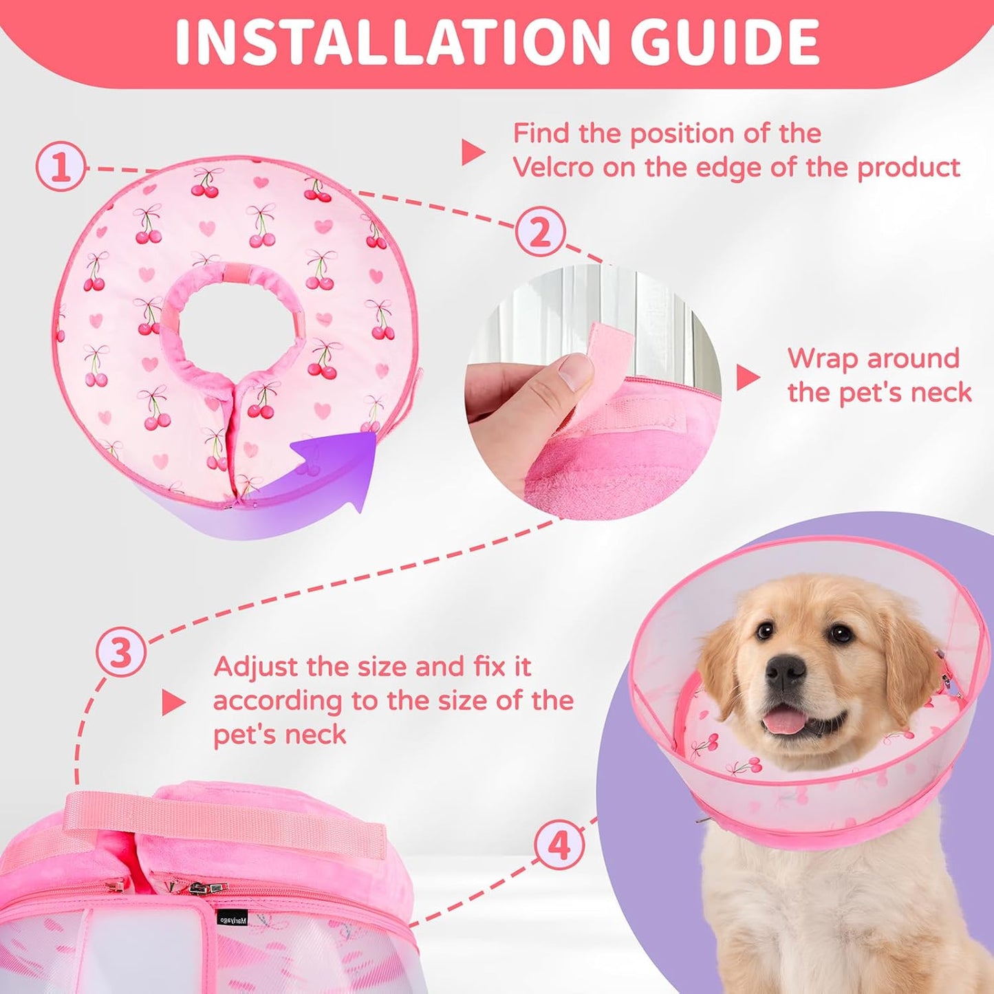 Inflatable Recovery Dog Cone Collar for Large Medium Dogs After Surgery, Soft Dog Donut Collar Adjustable Recovery Bone for Pets, Prevent from Biting & Scratching (Pink, L)