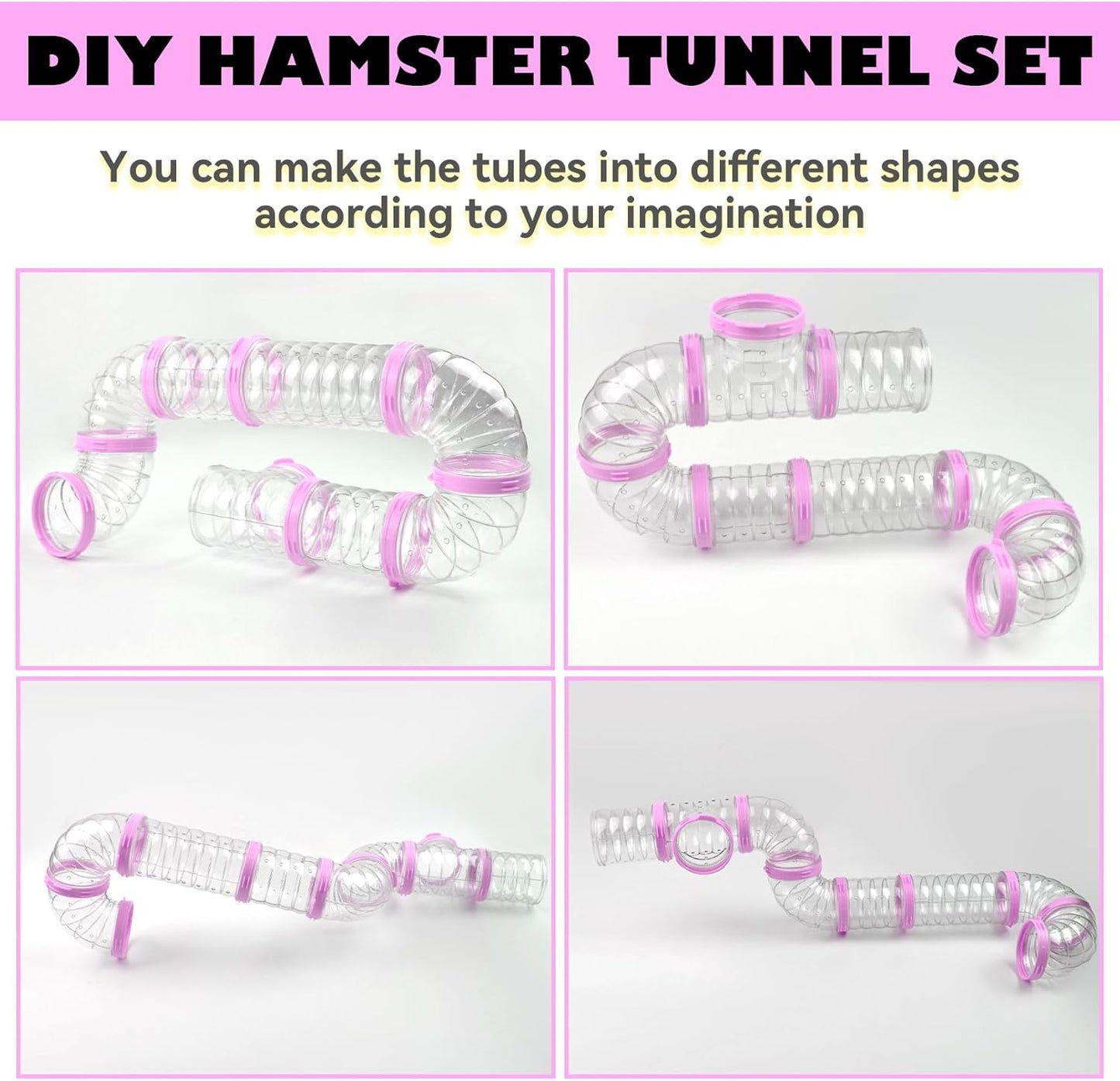 Dwarf Hamster Tubes and Tunnels Set,Mouse DIY Toy Transparent Tube Pet Cage Connection Tunnel Kit Syrian Hamster External Accessories Adventure Pipe for Mice Rat(Pink)