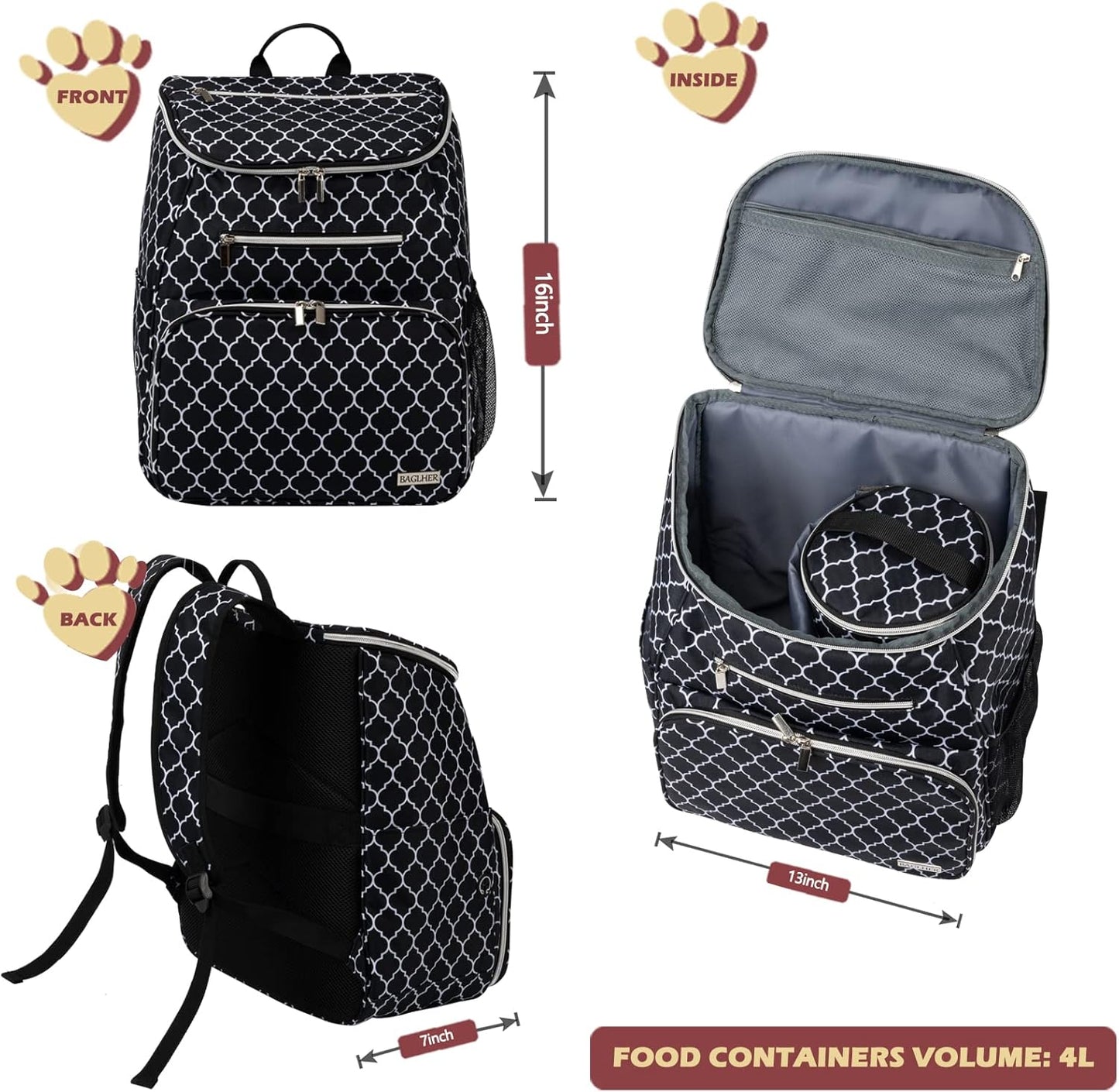 BAGLHER Dog Travel Bag Backpack, Airline Approved Pet Supplies Backpack, Dog Travel Backpack with 2 Silicone Collapsible Bowls and 2 Food Baskets DLBlack