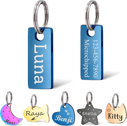 Anavia Small Size Dog Cat ID Tags, Small/XS Personalized Color Plated Stainless Steel Puppy Kitten Name Tags, Customized Engraved Nameplate Pet Collar Tag (Blue, XS-Rectangle)