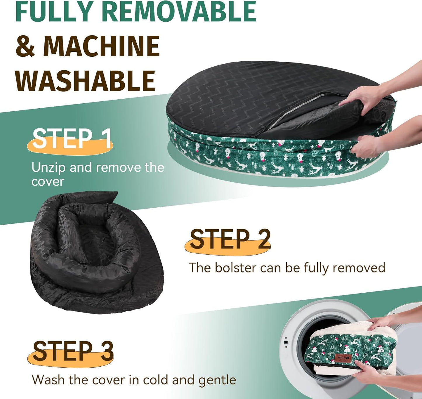 Orthopedic Washable Large Dog Bed: Memory Foam Waterproof Pet Bed with Bolsters - Removable Washable Cover for L XL XXL Large Sized Dog Bed - Non-Slip Bottom - Green