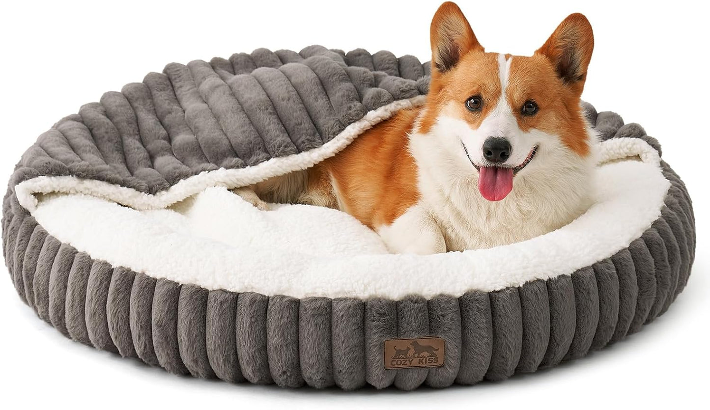 Dog Bed with Hooded Blanket, Round Fluffy Anti-Anxiety Pet Bed for Medium Dogs & Large Dogs, Cozy Donut Cuddler with Machine Washable Faux Fur & Anti-Slip Bottom(35"×35"×7",Grey)