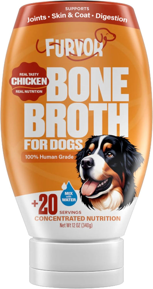 Chicken Bone Broth Concentrate for Dogs - Collagen Protein Supplement for Digestion, Mobility, Coat, Immune System, Joints - Healthy Dog Food Topper - Human Grade, Made in USA (12 oz, 20 Servings)