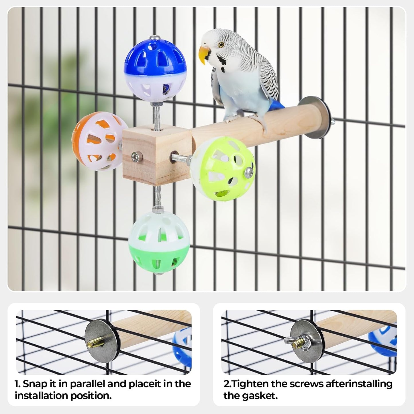 Bird Stand Perch Toy with Rotating Balls, Bird Toys for Parakeets, Ideal for Parakeets, Cockatiels & Lovebirds (NOT for Too Small BIRDCAGES - Avoid Unwanted Returns) 2PCS