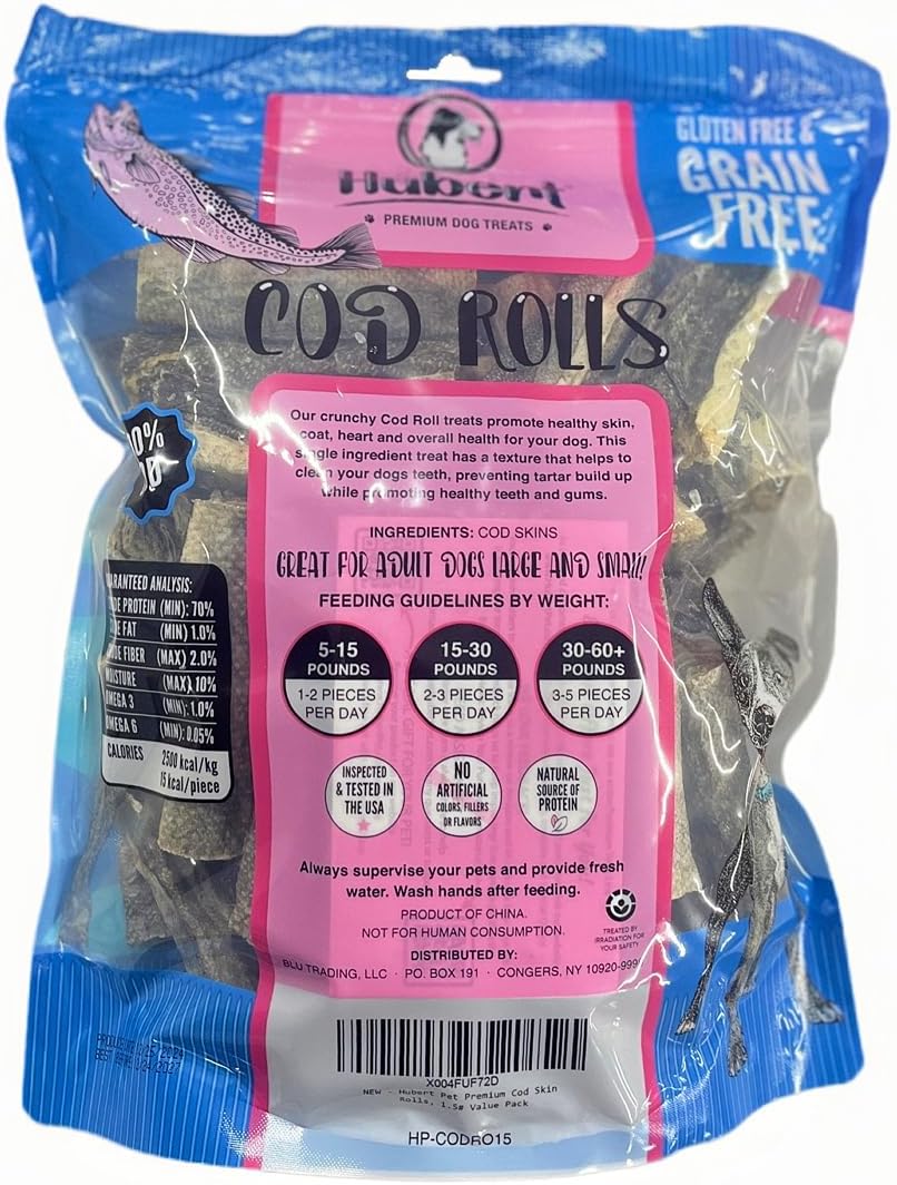 Hubert Pet Premium Cod Skin Rolls - Single Ingredient Natural Dog Treats for All Breeds, No Artificial Additives - 1.5 lbs Bag