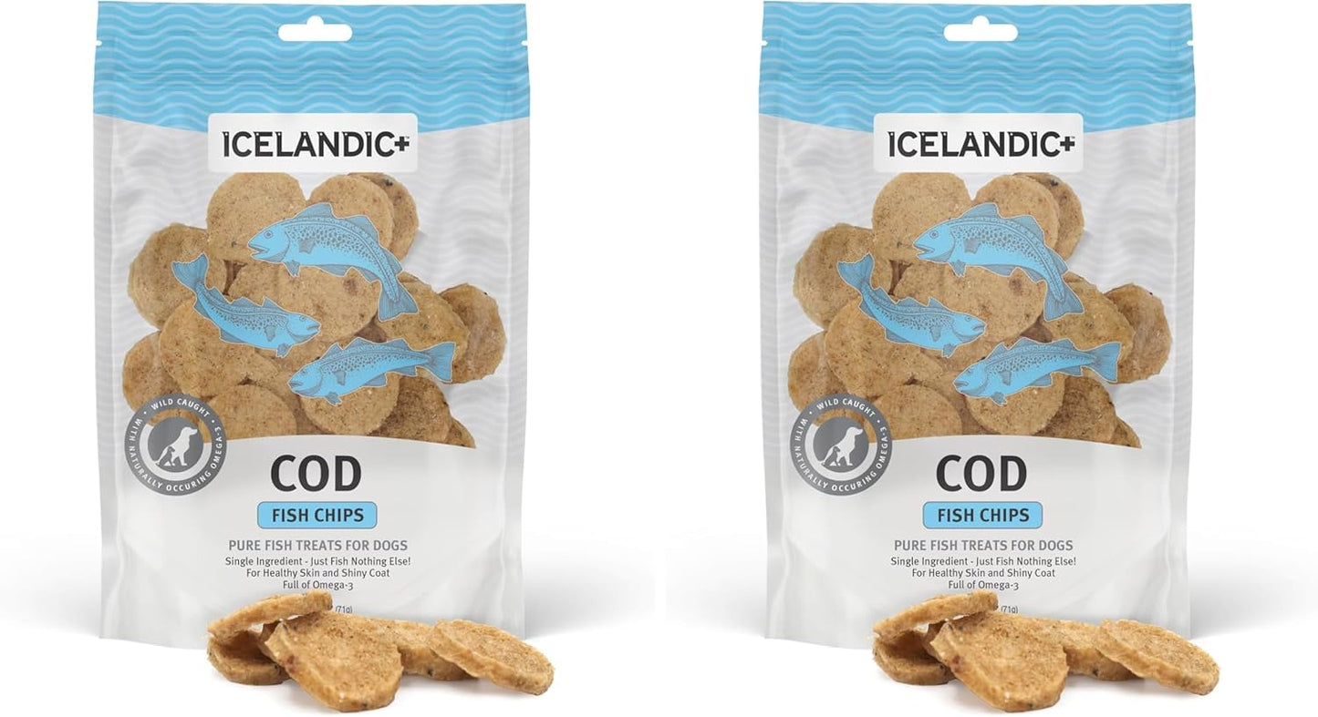 Icelandic+ Fish Chips: Cod - 2.5oz Bag, Dog Treats, Pure Wild-Caught & Air-Dried, Single Ingredient Crunchy Pet Snacks, Just The Fish Nothing Else (Pack of 2)