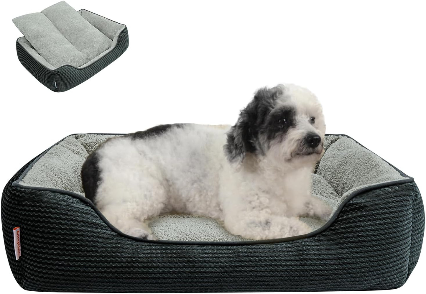 Miguel Dog Bed with Removable Cushion/Pillow for Medium Small Dogs, Washable Pet Bed with Side Easy to Wash Puppy Bed, Large Rectangle Cat Bed for Indoor Cat with Anti-Slip Bottom, Dark Gray 25 Inch