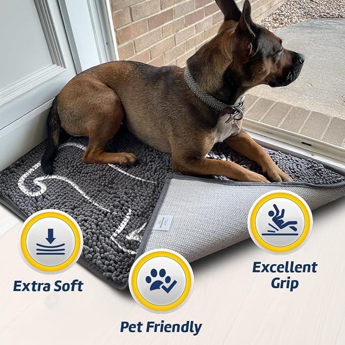Muddy Mat® Hot Dog Door Embroidery Mat Super Absorbent Microfiber Indoor Outdoor mat for Muddy Paws, Non-Slip Washable Pet Rug, Quick Dry Chenille Entryway Carpet, Machine Washable – Grey 19”x30”