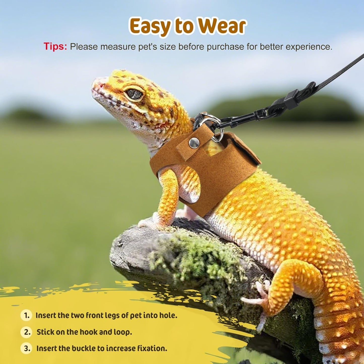 Pawaboo Adjustable Bearded Dragon Harness and Leash, 3 Size Leather Reptile Leash Outdoor Harness Leashs with Bat Wings for Lizard Reptiles Amphibians Small Pet, Small/Medium/Large, Brown