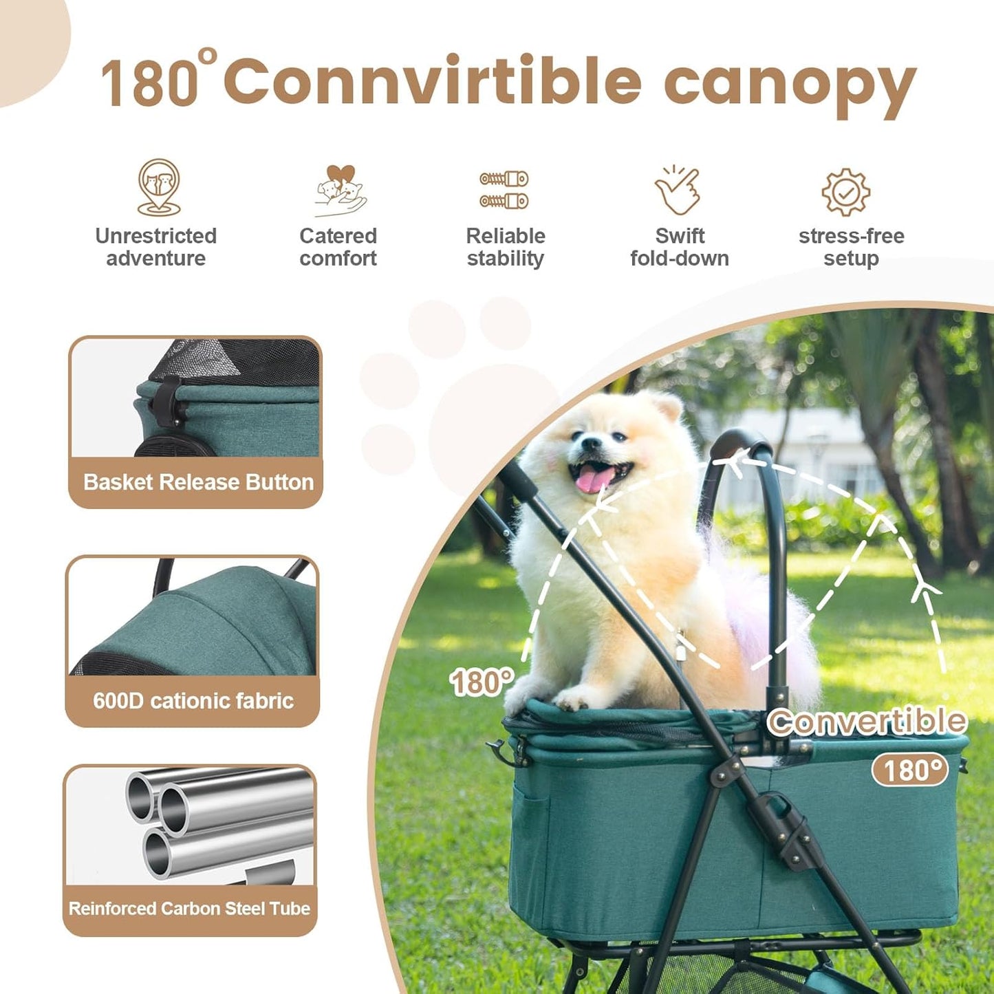 Pet Stroller, 4 Wheels Pet Strolling Cart for Medium/Small Dogs and Cats, Foldable Cat Jogger/Dog Stroller with Cup Holder, Storage Basket, Breathable Mesh, All-Season Pet Carrier (Dark Green)