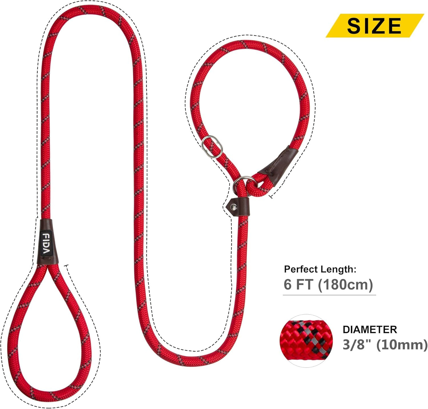 Fida Durable Slip Lead Dog Leash, 6 FT x 3/8" Heavy Duty Comfortable Strong Rope Slip Lead for Small Dogs and Puppies, No Pull Pet Training Leash with Highly Reflective (3/8", Red)