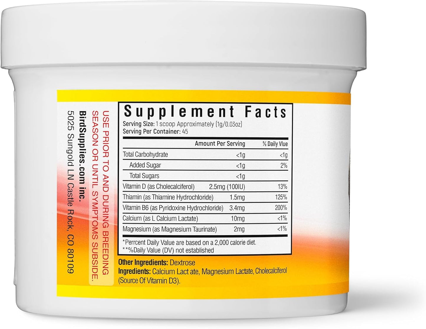 Bird Calcium Plus with Magnesium and D3, Dissolves Clear and Tasteless in Water, Supports Bone, Muscle, Feather and Egg Health, 45 Servings, Made in FDA-Registered USA Facility