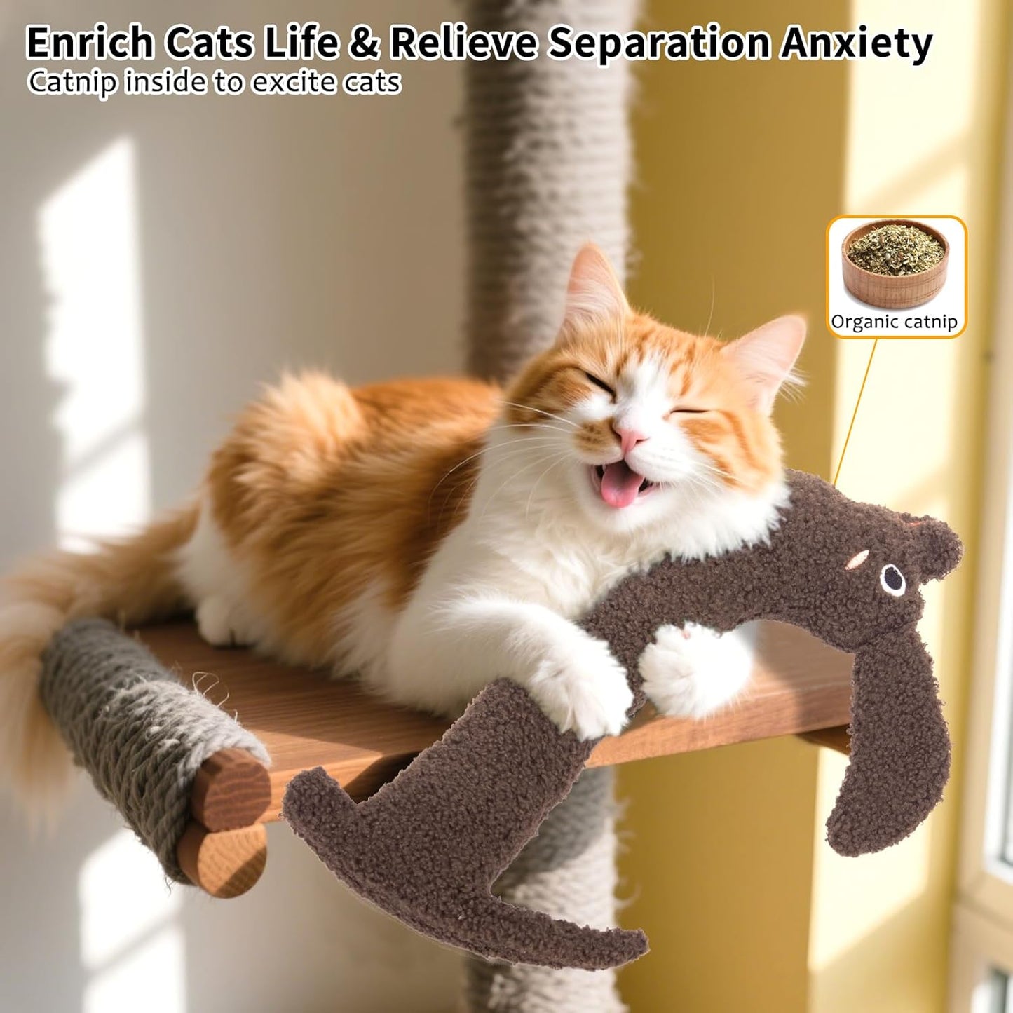 Cat Toy, Refillable Catnip Durable Kitty Kicker Toy, Puppy Shape, Plush and Crinkle Kitten Chew Toy for Kicking, Tossing, and Teeth Cleaning, Brown