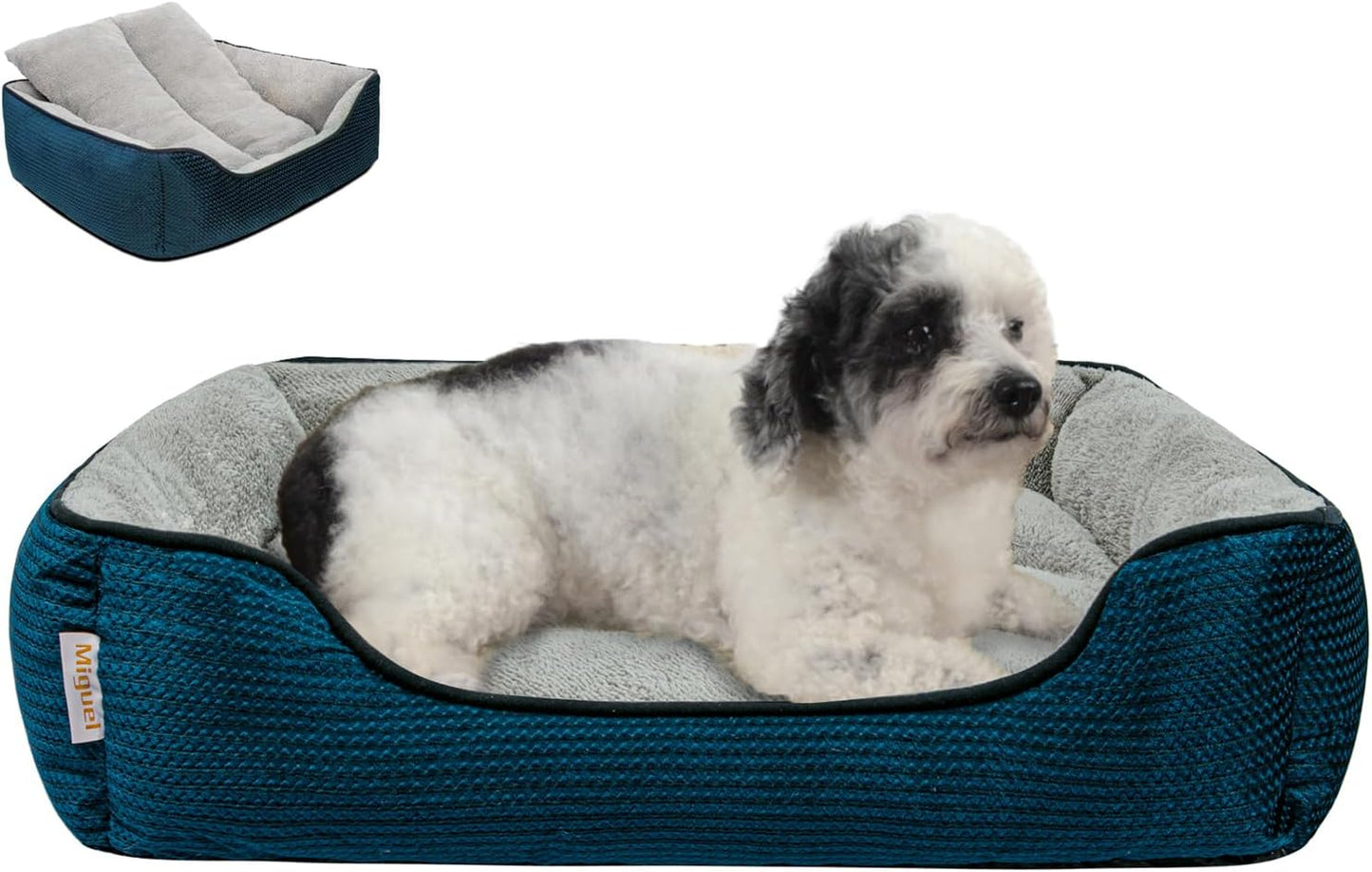 Miguel Dog Bed with Removable Cushion/Pillow for Medium Small Dogs, Washable Pet Bed with Side Easy to Wash Puppy Bed, Large Rectangle Cat Bed for Indoor Cat with Anti-Slip Bottom, Blue 25 Inch