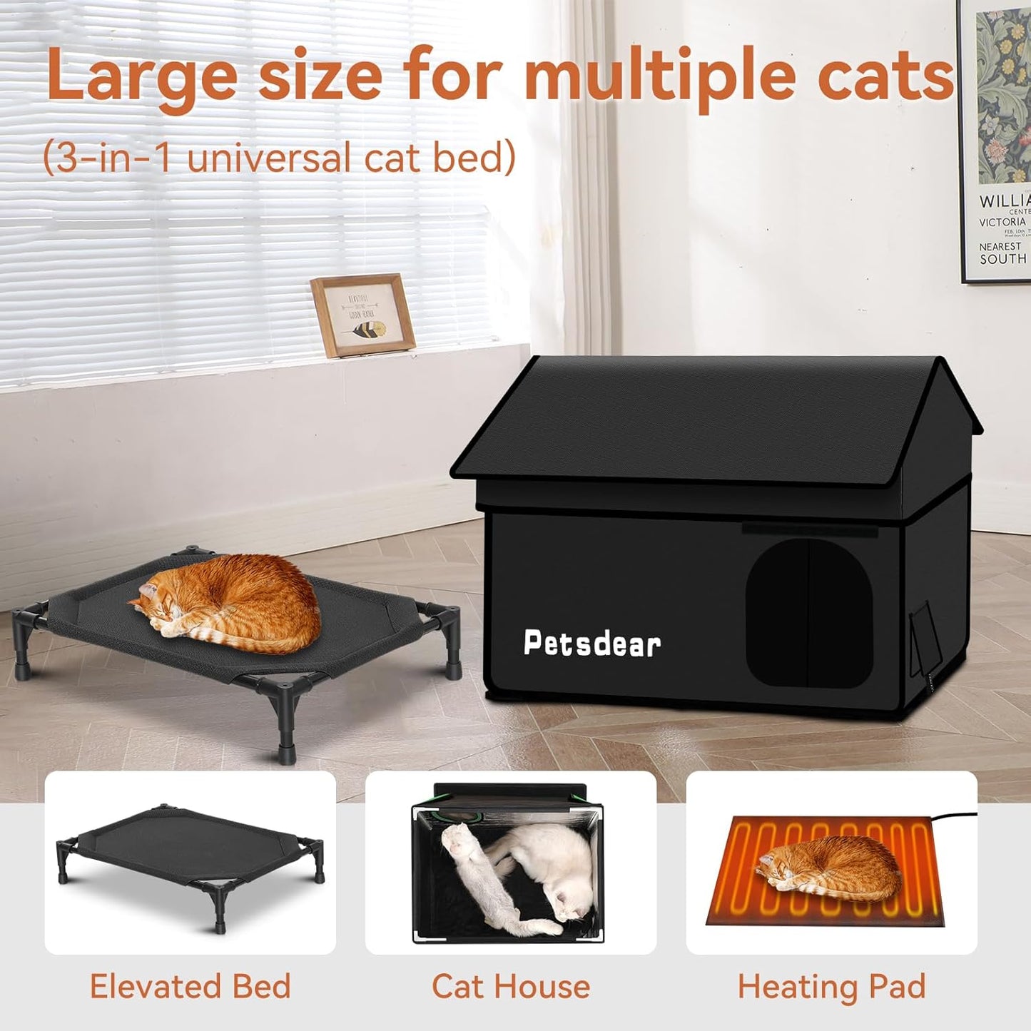 Heated Outdoor Cat House - Large, Weatherproof & Insulated for Multiple Cats (Black)