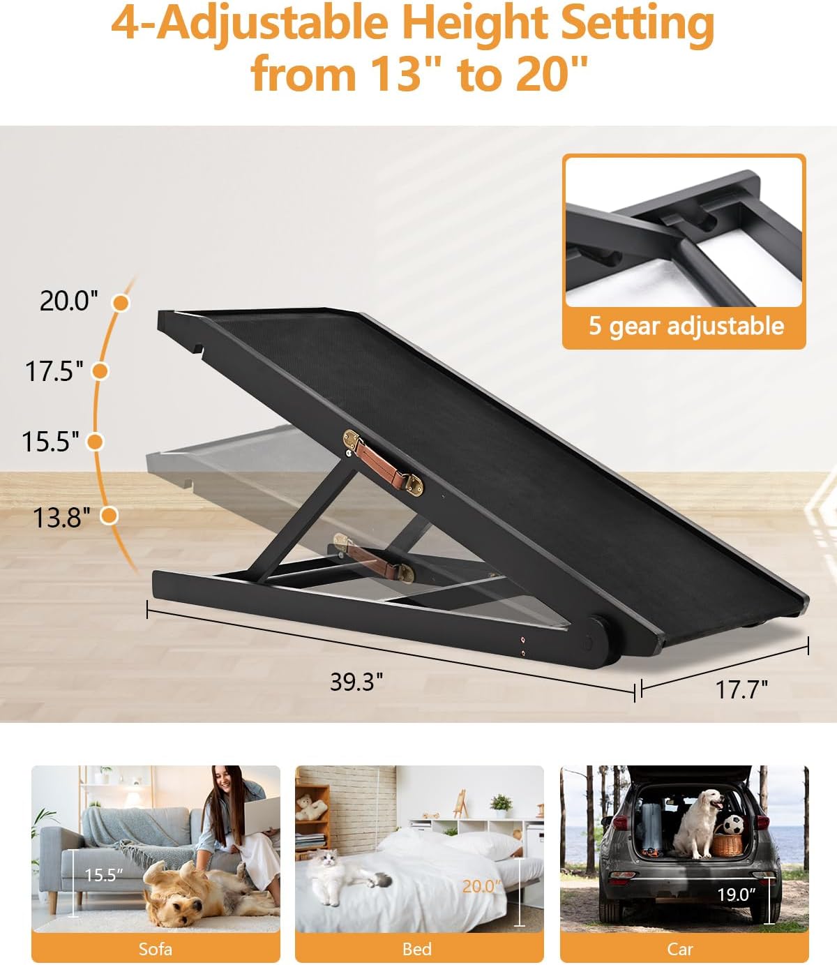 Dog Ramp for Couch for Small Dogs, Pet Ramps for Doggie to Get on Bed, Non Slip Dog Bed Ramp with Landing Platform, Supports up to 200lbs, Adjustable from 13" to 20" Height