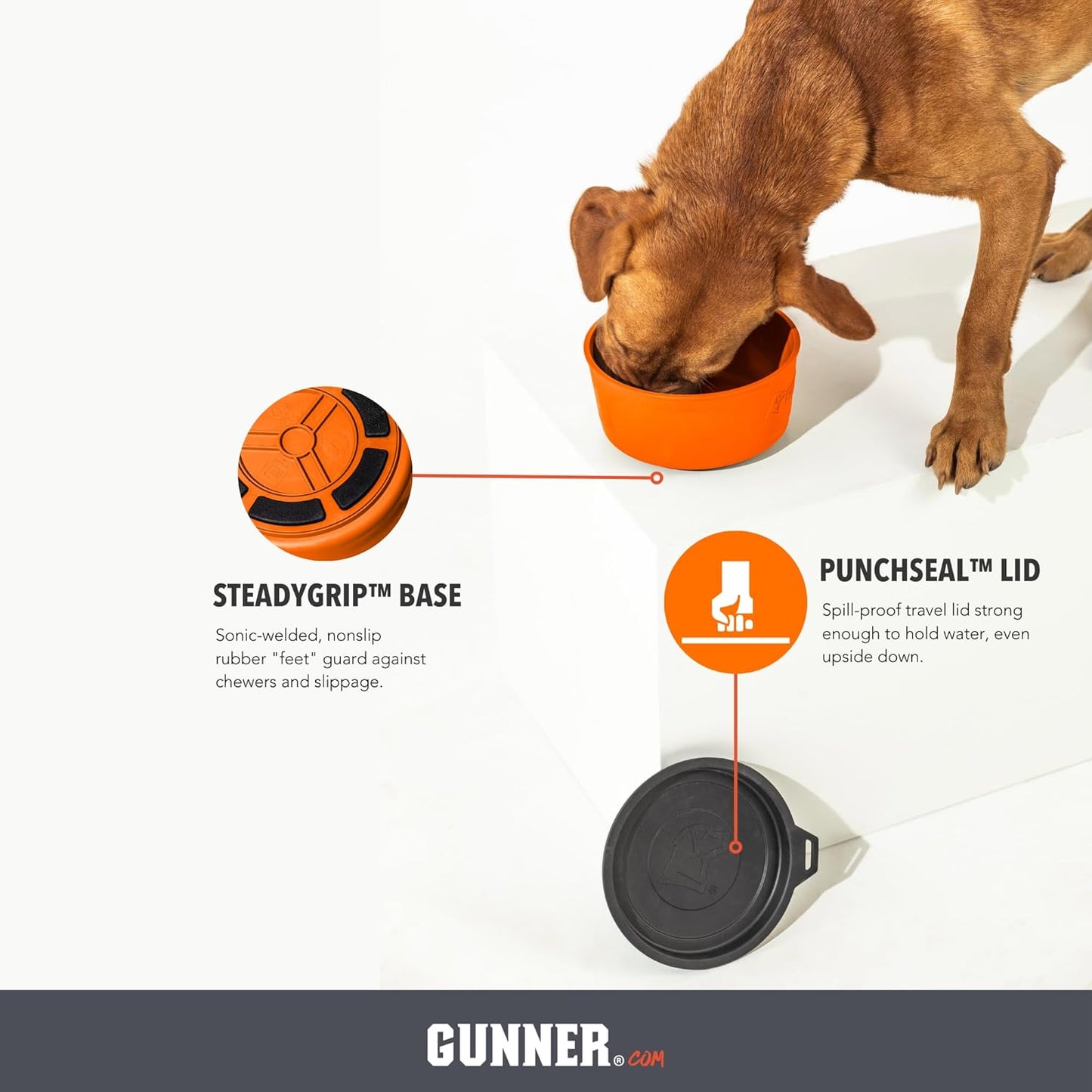 Dog Bowl with Spill-Proof Travel Lid – 7.5" x 3.75", 1.3 lb, 7-Cup Capacity, BPA-Free, Rust-Proof, Shock-Resistant, Stackable, Dishwasher Safe, Leak-Resistant Nesting Lid – Orange