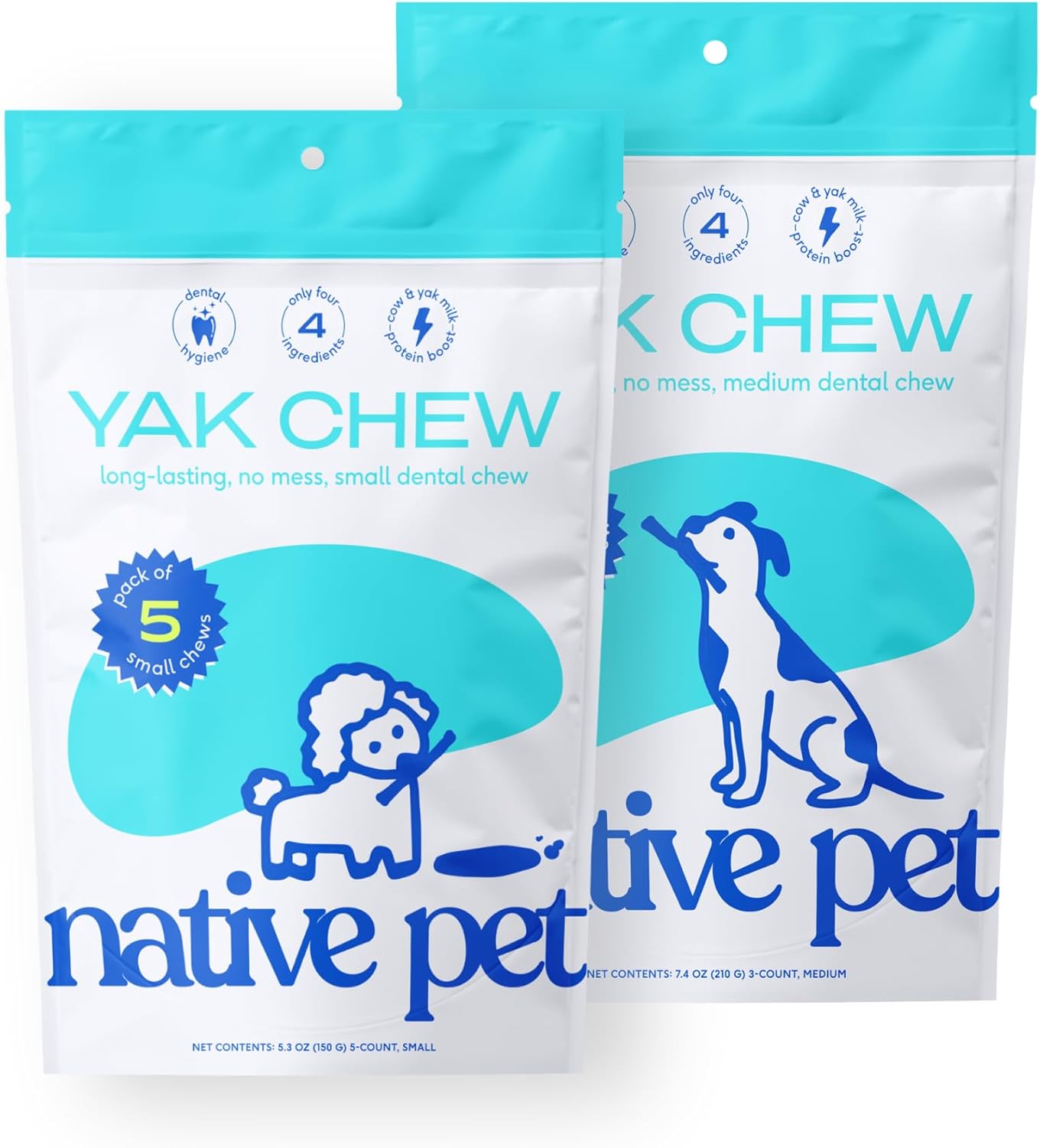 Native Pet Yak Chews for Dogs - 5 Small & 3 Medium - All Natural Dental Chew Made With Yak Cheese for Aggressive Chewers