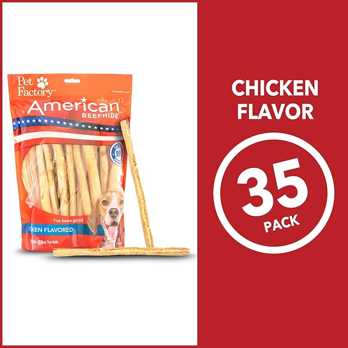 Pet Factory American Beefhide 10" Thin Rolls Dog Chew Treats - Chicken Flavor, 35 Count/1 Pack