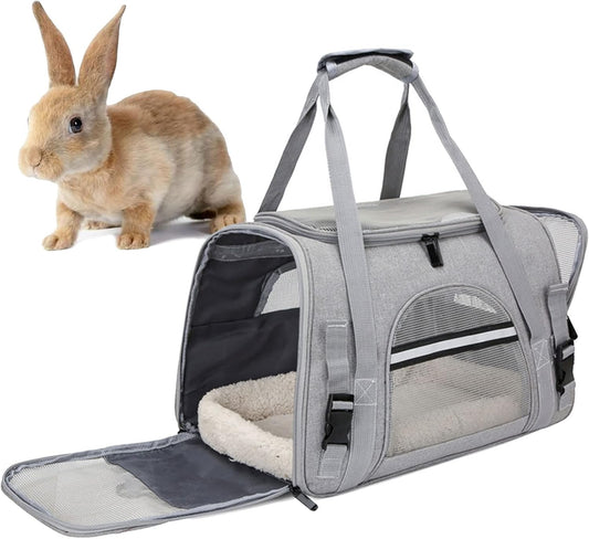 kathson Rabbit Travel Carrier Bag Airline Approved Pet Pocket Breathable Mesh Window Portable Hand Bag with Locking Safety Zippers for Small Dogs Cats Bunnies and Small Animals (Grey)