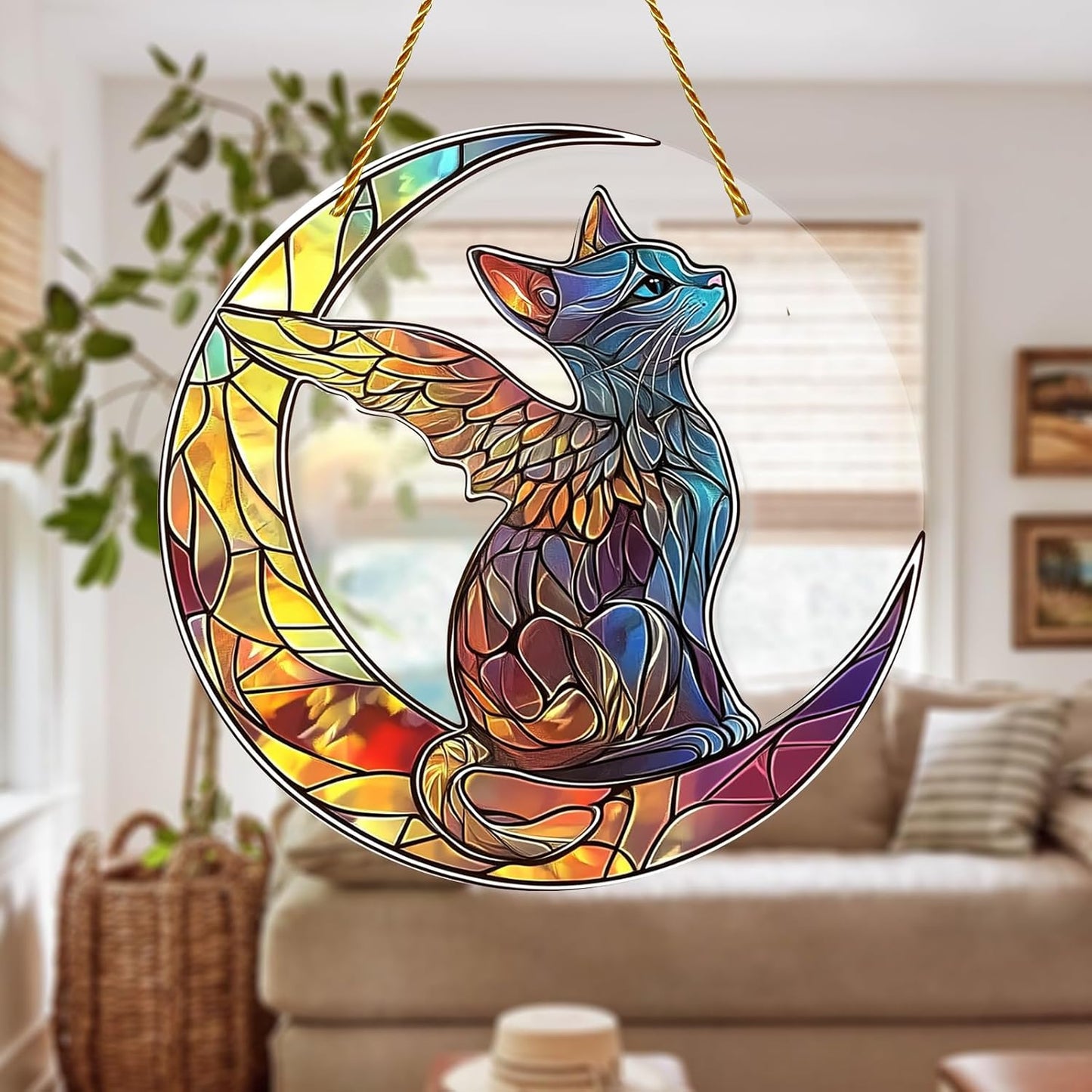 8x8 inch Charming Cat Angel Acrylic Stained Glass Window Hanging Sun Catcher Decor Stained Panel Hangings Wall Art Decor, for Friends and Family (Cat Angel)