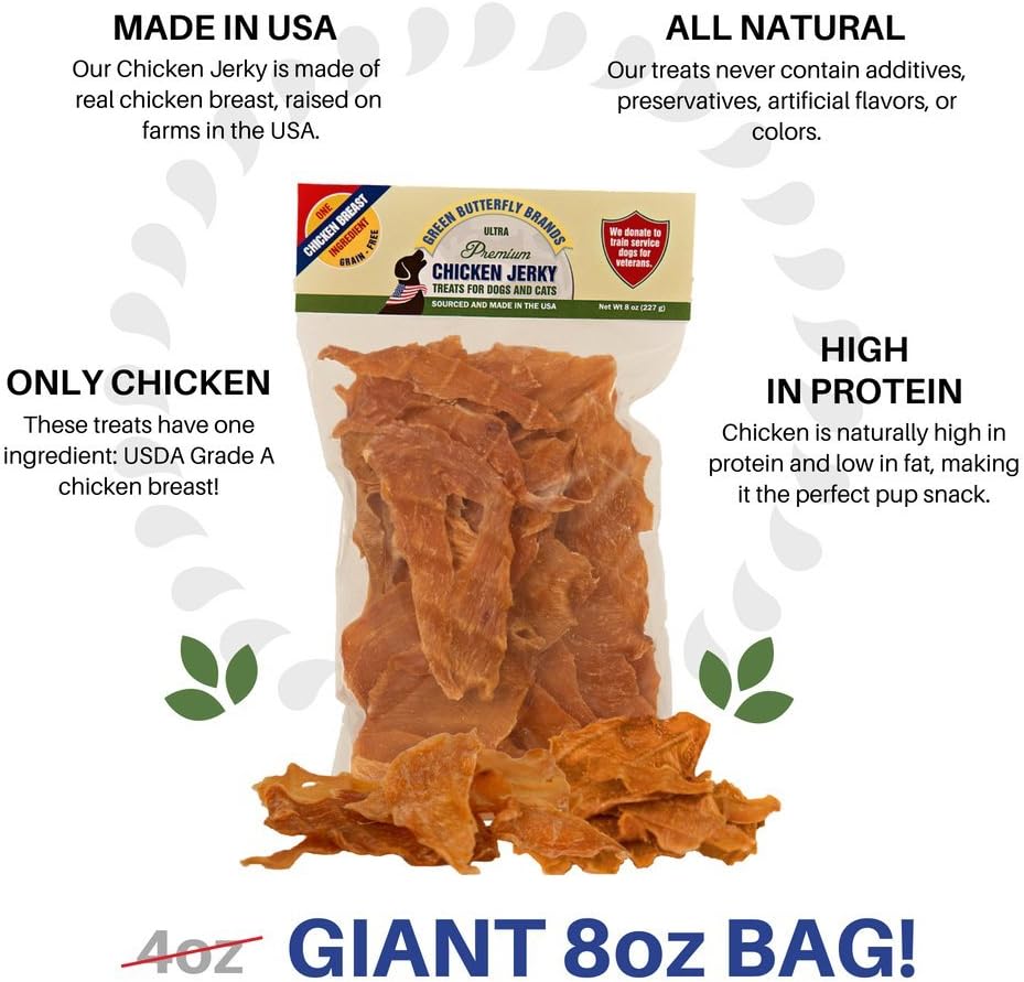 Chicken Jerky - Dog Treats Made in USA Only - 1 Ingredient: USDA Grade A Chicken Breast - No Additives or Preservatives - Grain Free Snack, All Natural Premium Strips, 8 Ounces