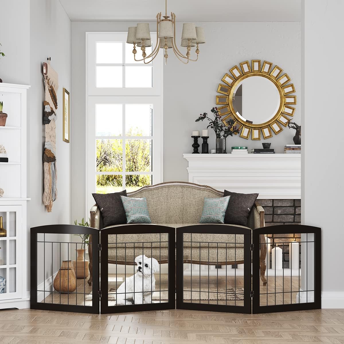 Dog Gate - 4 Panel Foldable Pet Gate Indoor for Doorways, House, Stairs, Freestanding Gate for Dogs - 80x24 -Inch Puppy Safety Fence by PAWLAND, Espresso