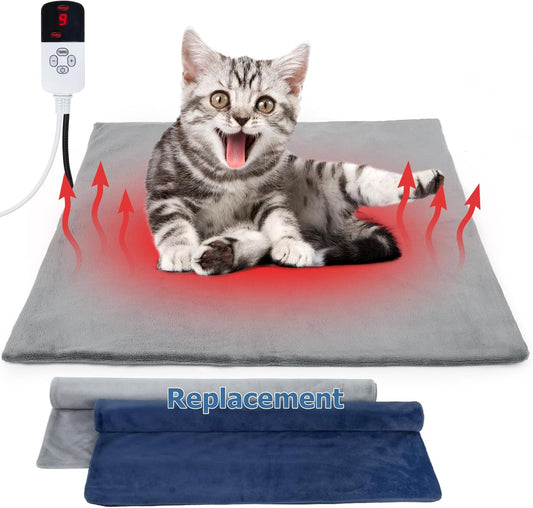 Cat Heating Pad for Outdoor Dog, 9 Adjustable Temperature Pet Heating Pad with Timer, Indoor Warming Waterproof Heated Cat Bed Mat with Line Protection Tube, Replacement Cover for Kitten Puppy 18"*18"