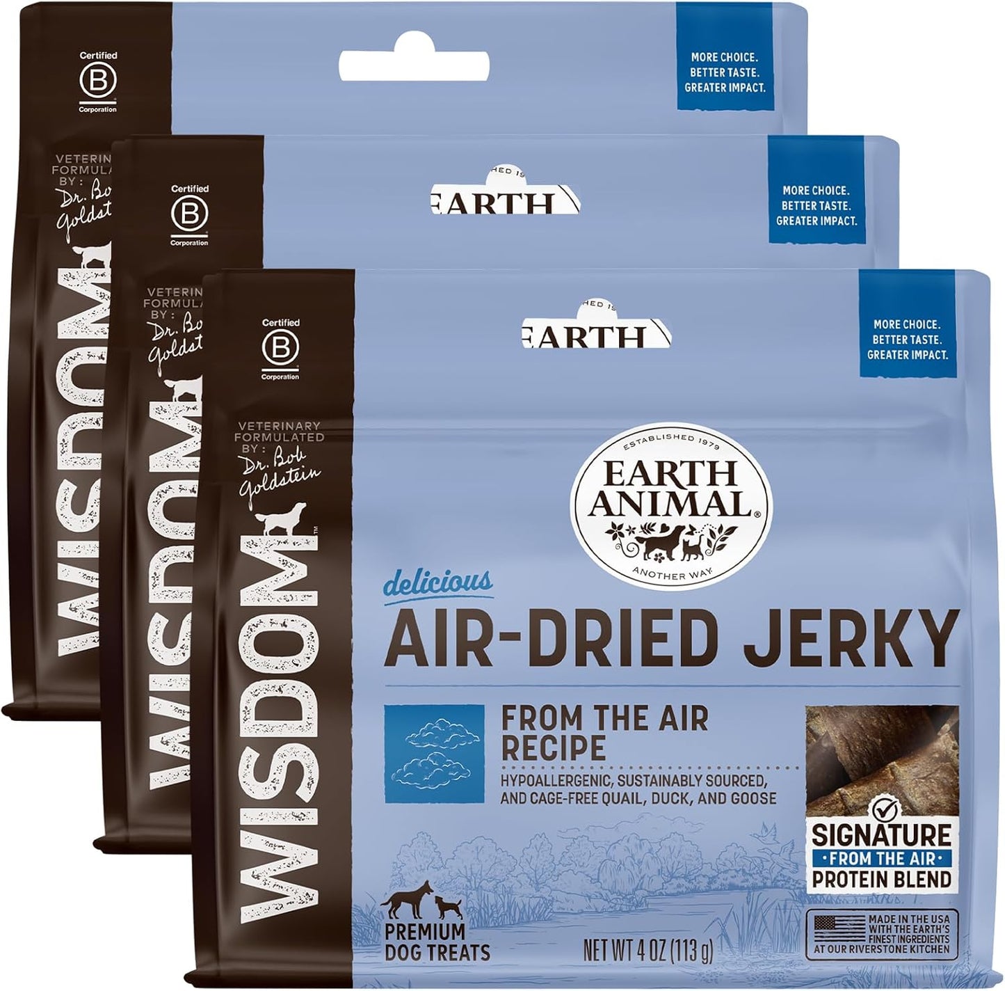 Earth Animal Wisdom Air-Dried from The Air Recipe Premium Natural Jerky Strips Dog Treats, 4 oz. Bag (Pack of 3)