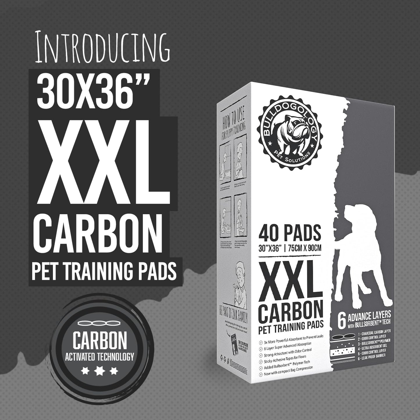 Bulldogology Charcoal XXL Pee Pads for Dogs (30x36) Puppy Pee Pads with Adhesive Sticky Tape - Leak Proof Charcoal Puppy Pads - Ultra Absorbing Charcoal Dog Pads - Activated Carbon Pee Pads (40-Count)