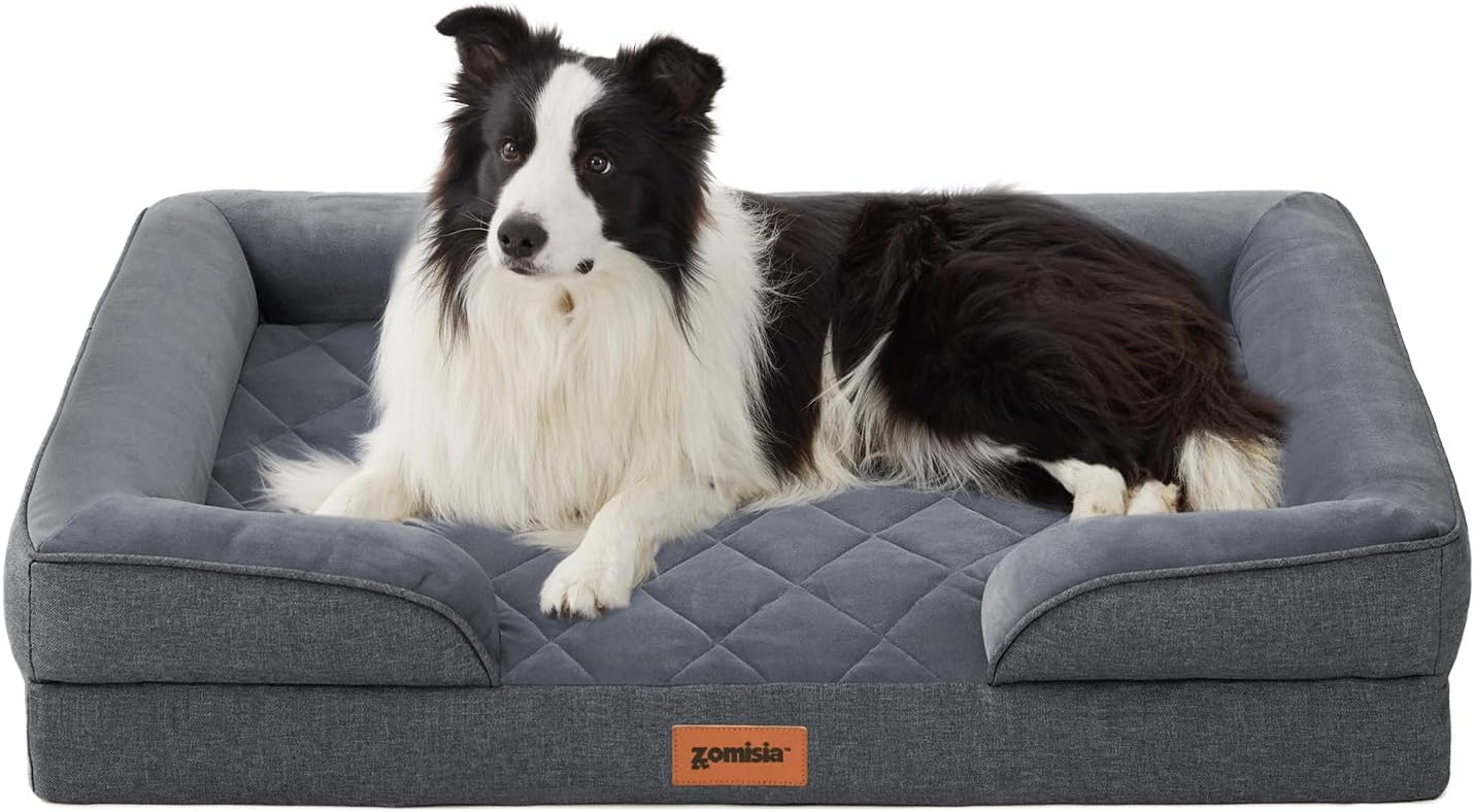 Large Dog Bed for Large Sized Dogs, Washable Orthopedic Dog Beds with Bolsters, Memory Foam Pet Sofa with Removable Waterproof Cover & Nonskid Bottom, Grey