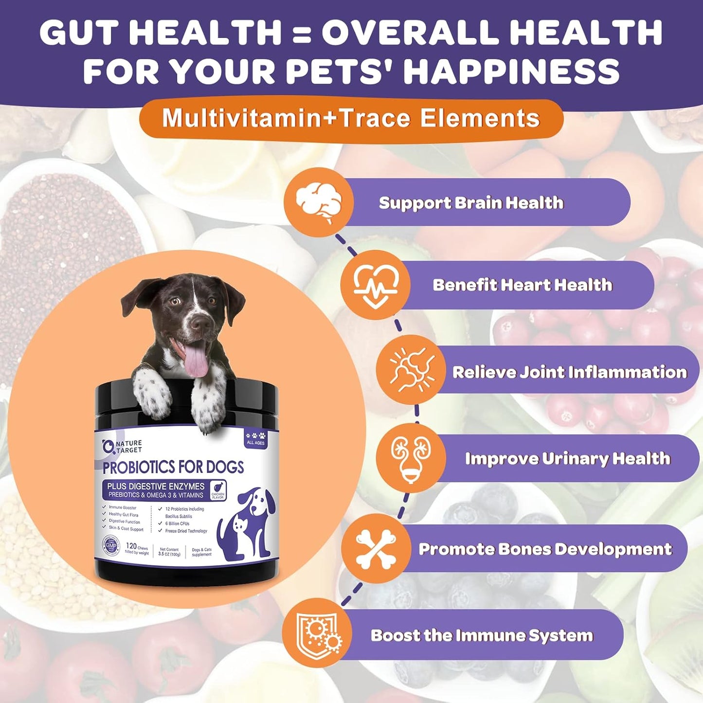 NATURE TARGET Probiotics for Dogs, 6 Billion Freeze Dried Dog Probiotics with Prebiotics & Enzymes, Vitamins, Omega 3, for Digestive & Gut Health, Itch Relief, Reduce Diarrhea, 120 Bites