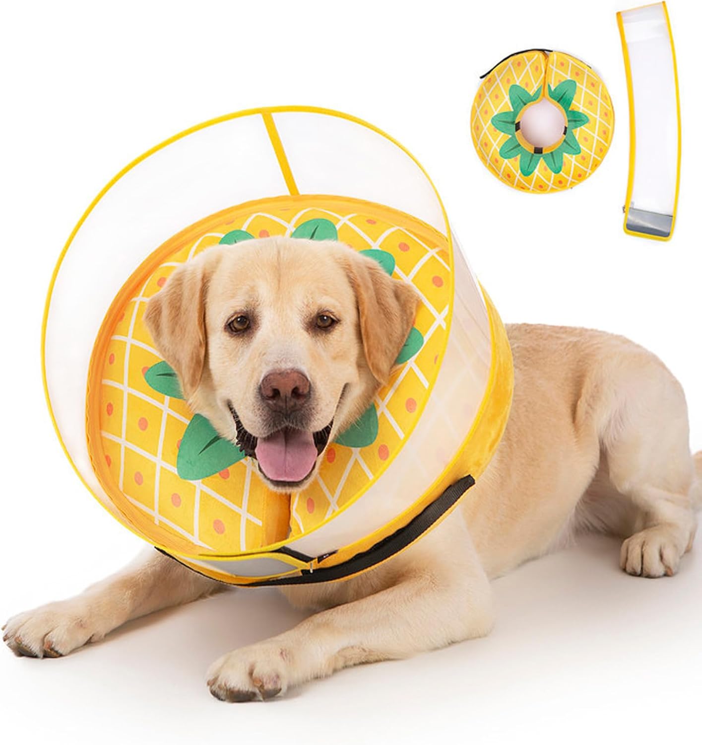 Inflatable Dog Cone Collar for Large Medium Small Dogs, Soft Dog Donut Collar Adjustable Recovery Cone for Pets After Surgery, Extra Enhanced Anti-Licking Guard Shield (Pineapple, Large)