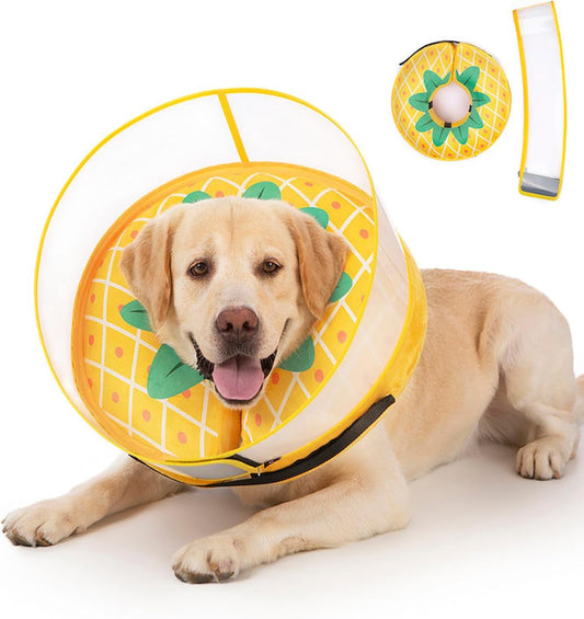 Inflatable Dog Cone Collar for Large Medium Small Dogs, Soft Dog Donut Collar Adjustable Recovery Cone for Pets After Surgery, Extra Enhanced Anti-Licking Guard Shield (Pineapple, Large)