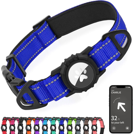 Joytale Airtag Dog Collar, Reflective Pet Collar with Waterproof AirTag Holder, Dual D-Rings, Soft Padded Adjustable for Extra Small and Puppy Dogs, Navy Blue, XS