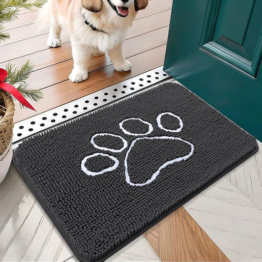OLANLY Door Mat for Muddy Dog Paws 24x16, Ultra Absorbent Chenille Mud Doormat with Paw Print Design, Non-Slip Washable Doormat for Indoor Entryway, Quick-Dry Pet Bed Mats for Dirty Dogs, Dark Grey