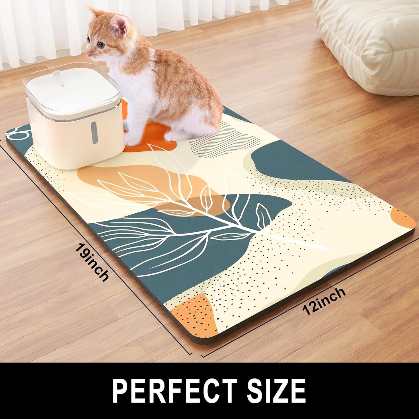 Dog Food Mat, 12" x 19" Boho Absorbent Dog Cat Bowl Mat for Food and Water, Cute Anti-Slip Rubber Pet Feeding Rug Protect Floors, Placemat for Feeding & Watering Supplies, Boho Abstract