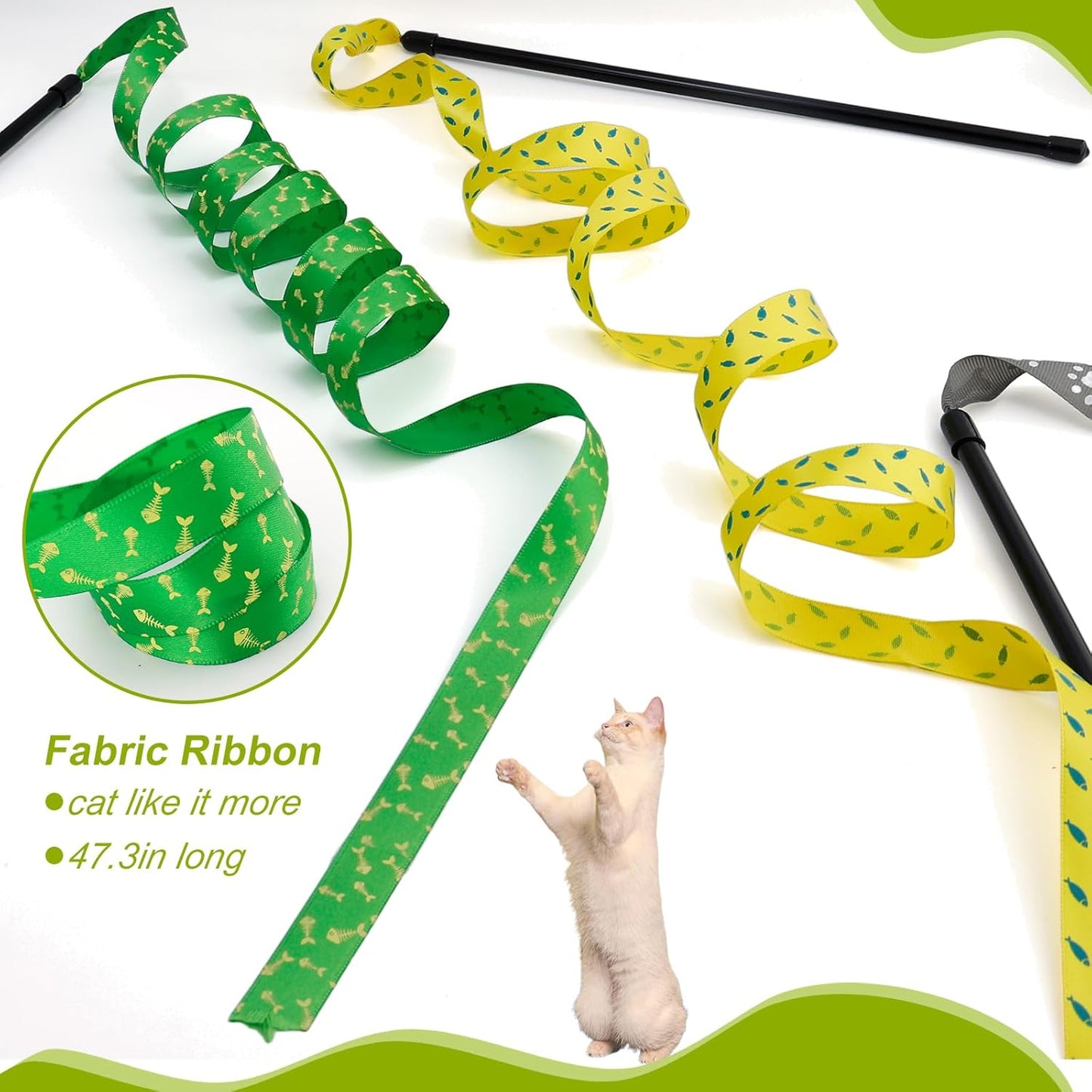 Interactive Cat Toy Wand with Catnip Mouse, Cat Teaser Wand Rainbow String for Bored Indoor Adult Cats and Kittens (3 Pack String)