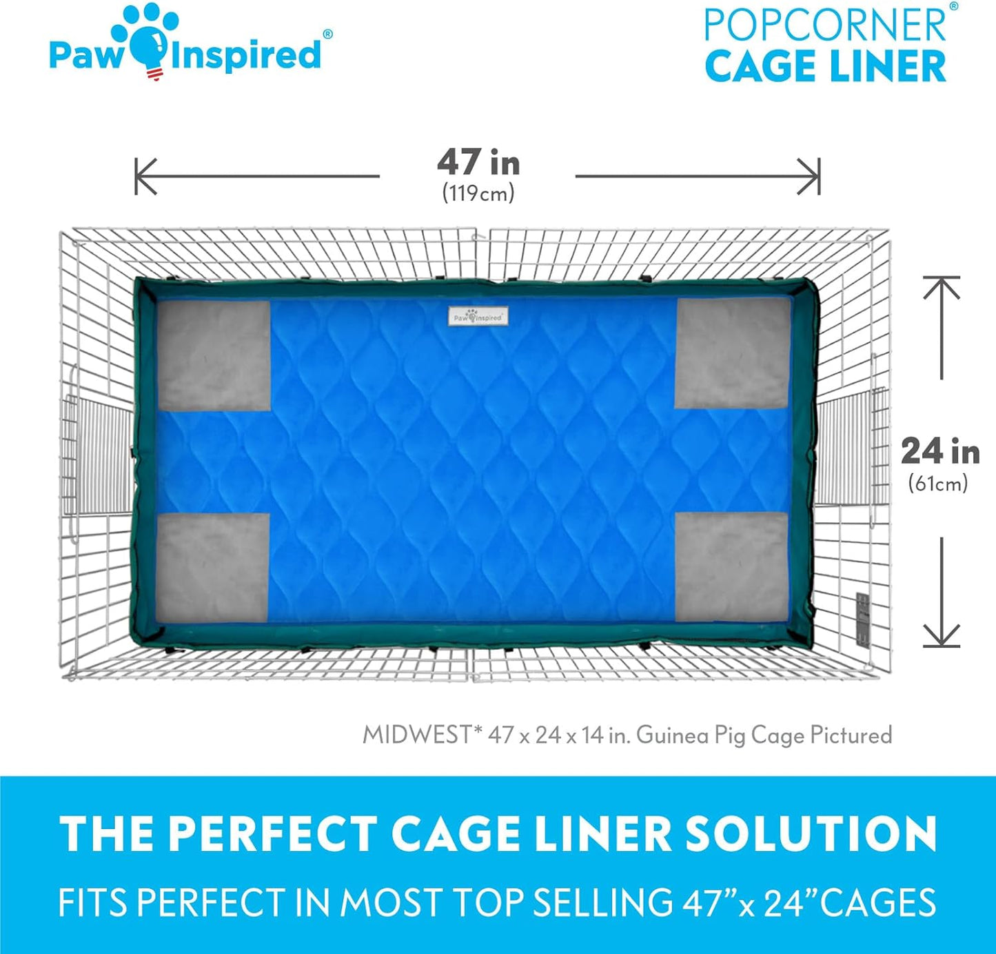 Paw Inspired PopCorner Guinea Pig Cage Liners | Washable Fleece Bedding or Pet Bed Mat for Small Animals | Super Absorbent Pee Pad with Reinforced Corners and Waterproof Bottom (Midwest, Blue)