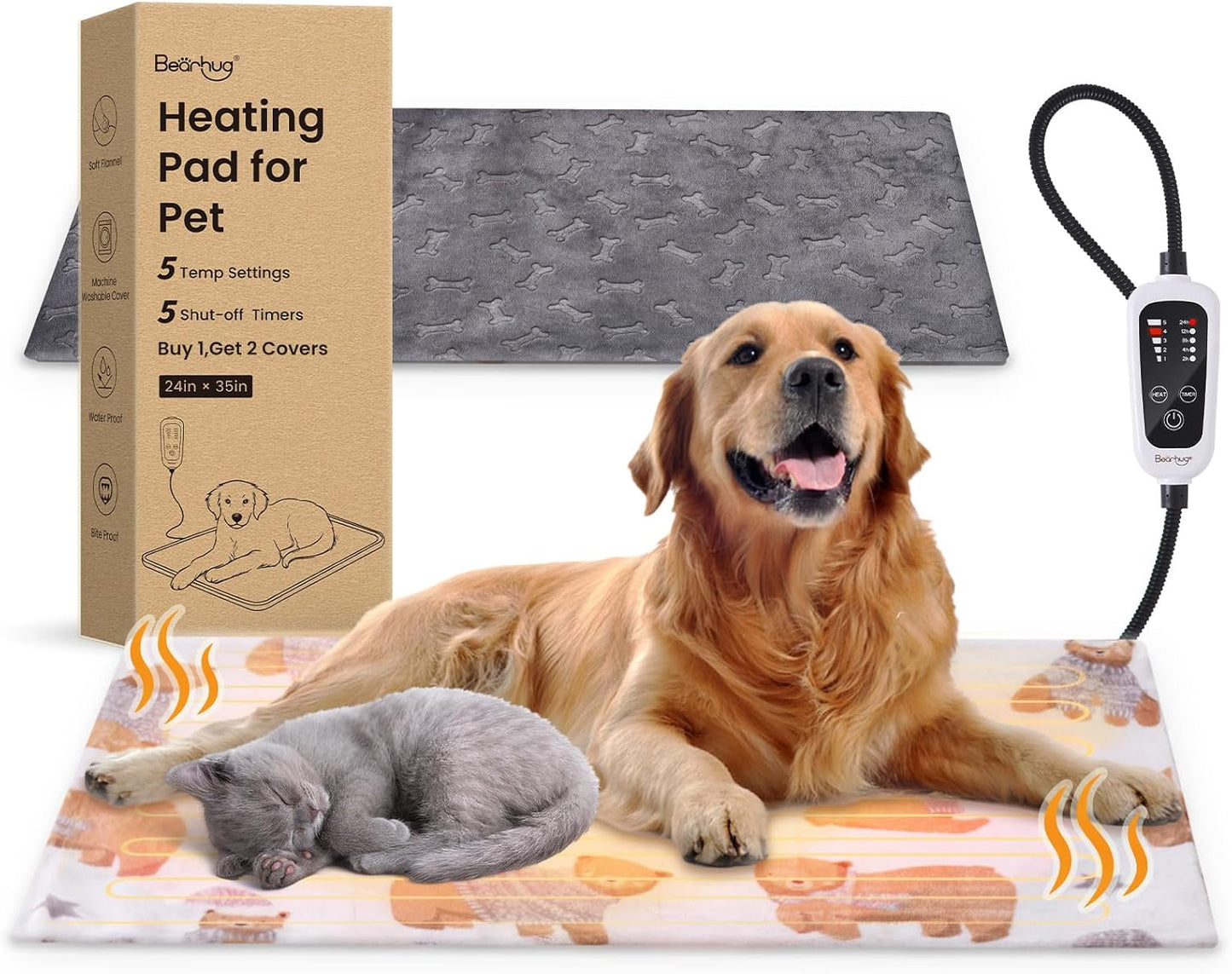 Bearhug Dog Heating Pad, Pet Heating Pad 35"×24"[Two Replaceable Cover] Adjustable Temperature Heated Cat Bed with Steel-Wrapped Cord, Waterproof and Chew-Resistant for Dogs Cats Large Animals