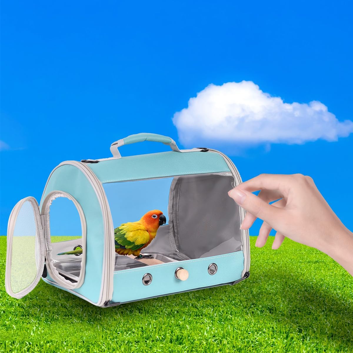 Long Tail Portable Bird Travel Carrier Cage with Metal Tray Soft Mat and Wooden Standing Perch, Hands Free Lightweight Clear 2 Windows Carry Bag for Parakeet Budgies Cockatiel Transport to Vet
