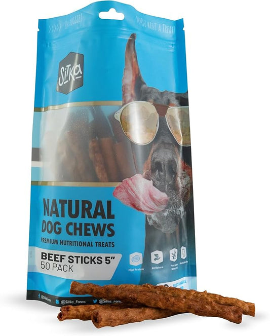 Sitka Farms Beef Sticks - Crunchy Premium Munchy Sticks for Dogs - 50 Count - All Natural Beef Flavor Chews - for All Breeds