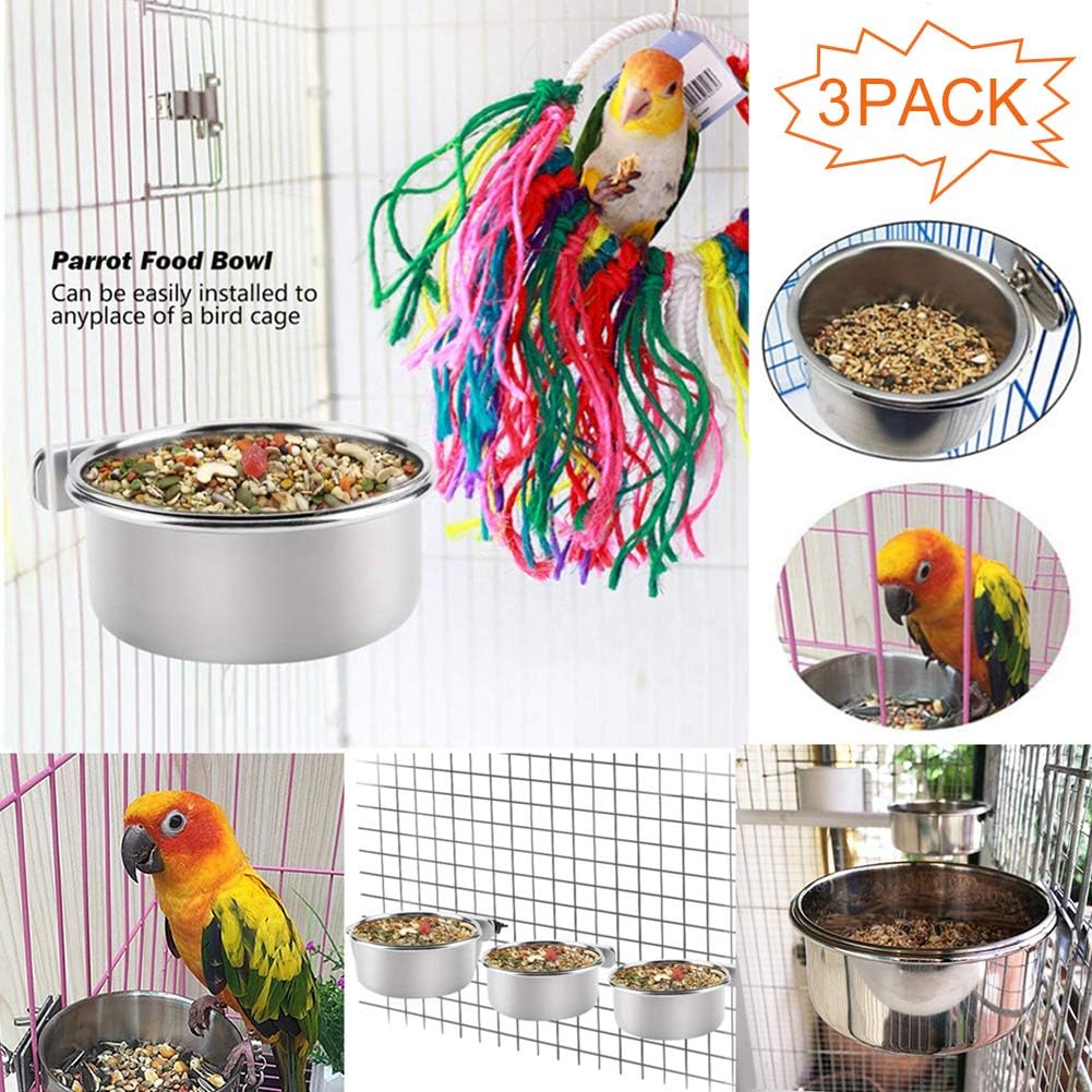 PINVNBY Bird Feeding Dish Cups,5.5x2.0 Inches Parrot Stainless Steel Food Water Dish Perch Stand Platform Paw Grinding Toy Feeder Cage Bowl with Clamp Holder for Budgies Parakeet Macaw(5 Pack L)