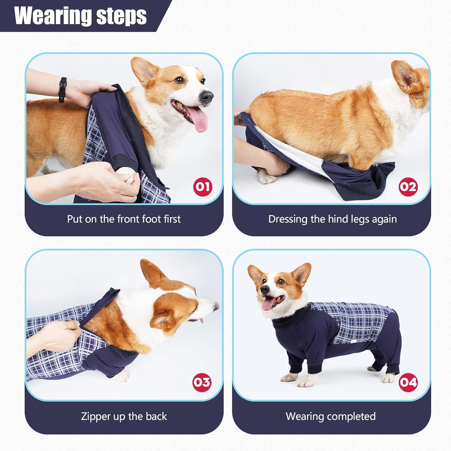 Dog Recovery Suit, Abdominal Wound After Surgery Wear, Anti Licking Bodysuit with Zipper, E-Collar & Cone Alternatives, Plaid Dog Spay Surgical Shirt Prevent Shedding(Large, Blue)