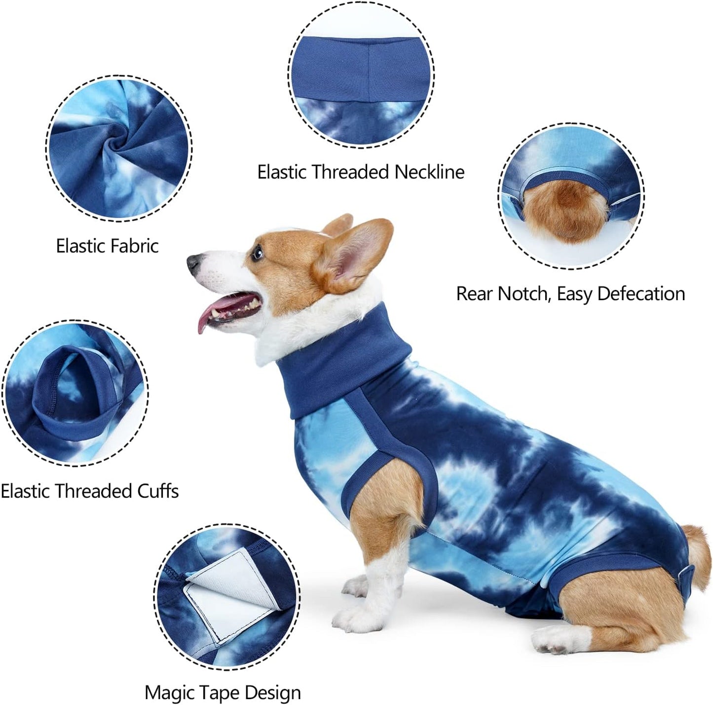 Dogs Onesie Suit for Male/Female Breathable Dog Recovery Tie Dye Pjs Wound After Surgery Wear, Prevent Licking Wounds, E-Collar & Cone Alternatives XL Blue2
