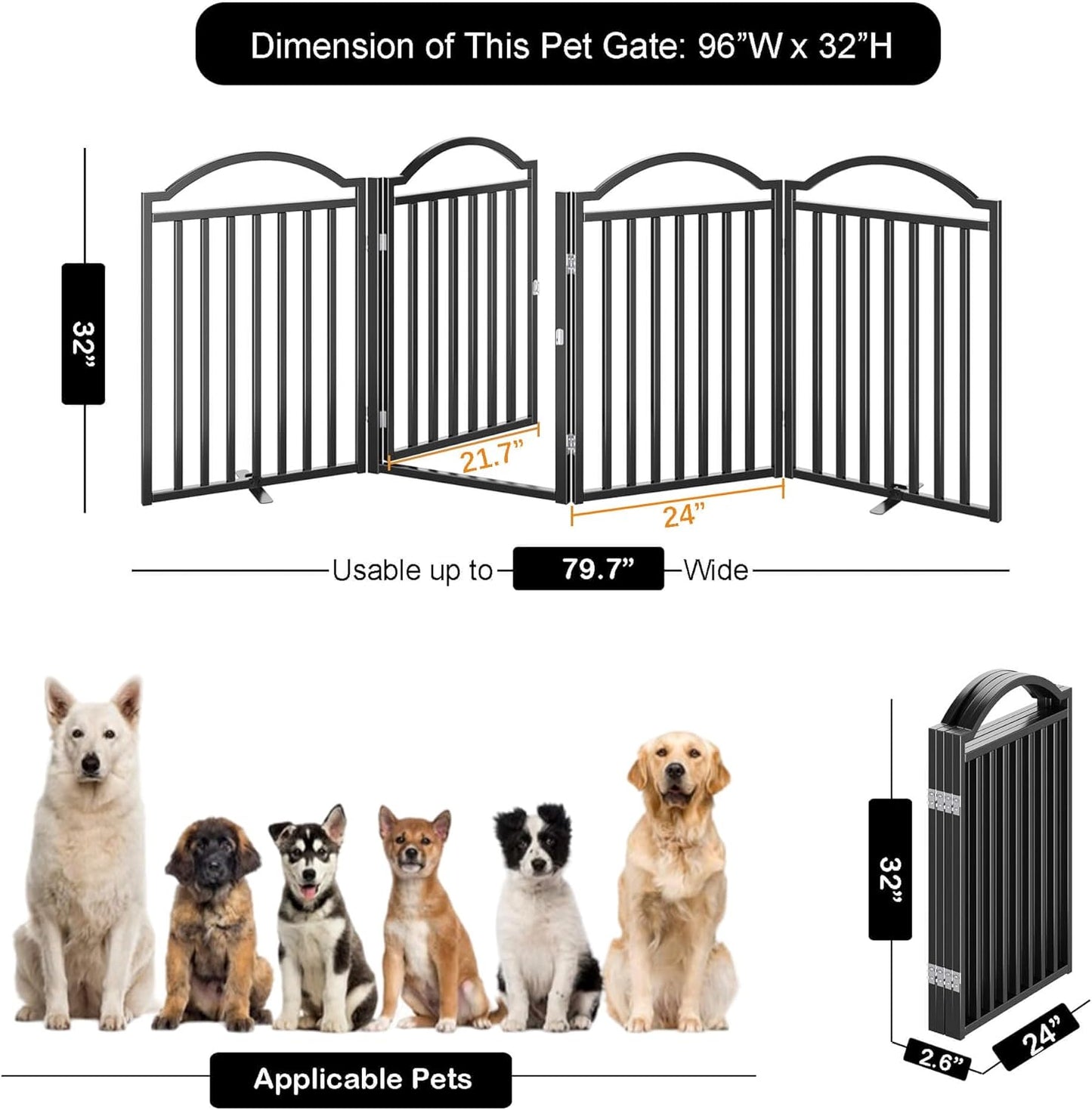 UDD Dog Gate Indoor 96" Extra Wide, 32" Tall Foldable Pet Gate with Door for Stairs Doorways Hallways Porch, Freestanding No Drilling Metal Pet Fence for Dogs Puppy, Black 4-Panel