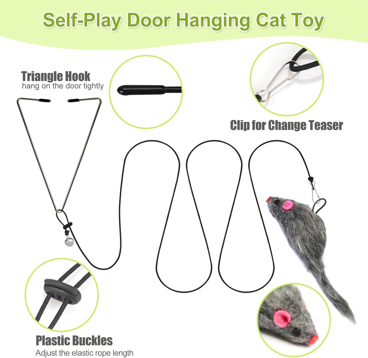 ChicWow Interactive Retractable Cat Wand & Hanging Toys for Cats - 2 Wands, 2 Hanging, 7 Teaser Cat Toys for Indoor Adult Cats Kitten, Includes Feather, Mouse, Fish, Worm, 1 Spare Elastic Rope