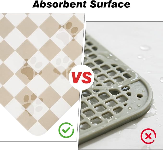 Checkered Pet Feeding Mat, Absorbent Dog Mat for Food and Water Bowls Dispenser 16" x 24" Khaki