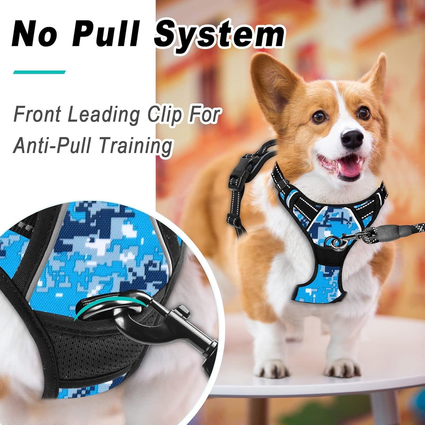 BARKBAY No Pull Dog Harness Large Step in Reflective Dog Harness with Front Clip and Easy Control Handle for Walking Training Running(Blue camo,S)